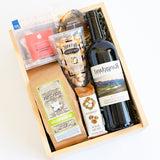 Closeup view of the California Wine & Snacks Gift Box featuring Rangeland Cabernet Sauvignon